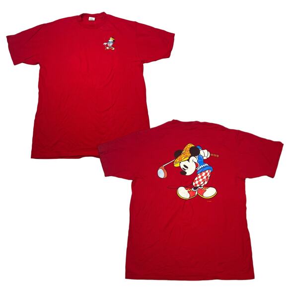 Disney VTG 90s Golf Mickey Embroidered Tee T-Shirt Velva Sheen Red Adult XL - Picture 1 of 8